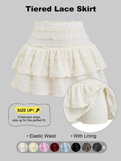 Women'S Pleated Ruffled Mini Skirt with Lace High Waist Woven Attached Leggings Gathered Double-Layer Flared Design Comfortable, Soft, Breathable Fabric Short Skirt Suitable for Outdoor Leisure Activities Daily Wear Back to School Fit
