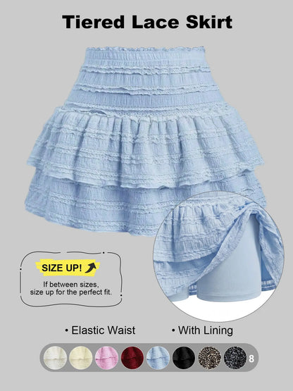 Women'S Pleated Ruffled Mini Skirt with Lace High Waist Woven Attached Leggings Gathered Double-Layer Flared Design Comfortable, Soft, Breathable Fabric Short Skirt Suitable for Outdoor Leisure Activities Daily Wear Back to School Fit