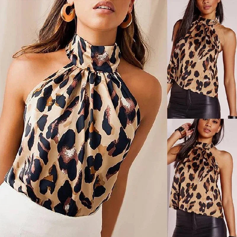 Summer Tshirt Women Tops 2025 Sexy Leopard Print Tops Harajuku Girl T-Shirts Casual Halter T Shirt Female Sleeveless Blouse