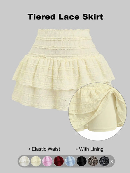 Women'S Pleated Ruffled Mini Skirt with Lace High Waist Woven Attached Leggings Gathered Double-Layer Flared Design Comfortable, Soft, Breathable Fabric Short Skirt Suitable for Outdoor Leisure Activities Daily Wear Back to School Fit