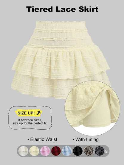 Women'S Pleated Ruffled Mini Skirt with Lace High Waist Woven Attached Leggings Gathered Double-Layer Flared Design Comfortable, Soft, Breathable Fabric Short Skirt Suitable for Outdoor Leisure Activities Daily Wear Back to School Fit
